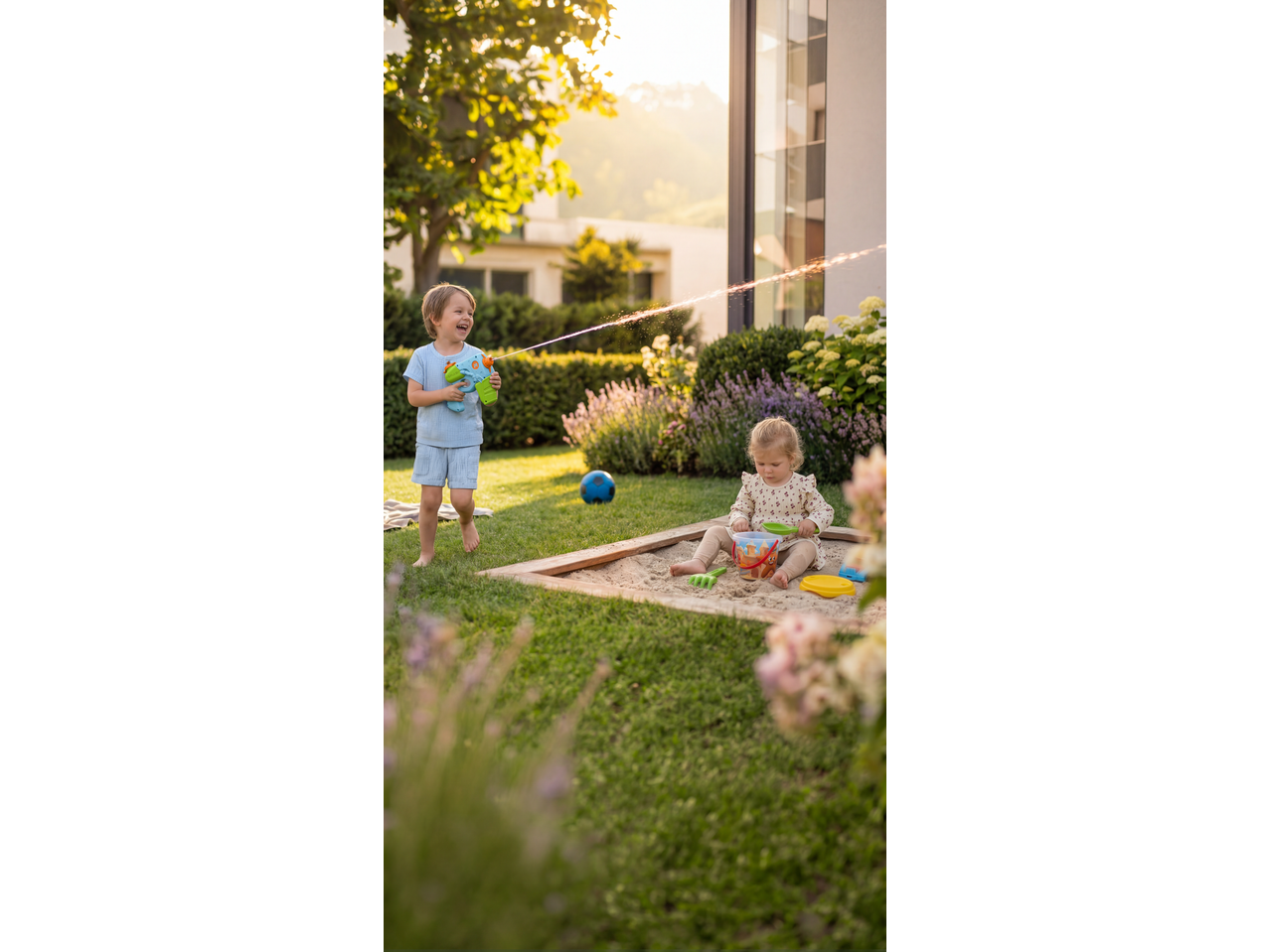 Happy children playing with Lupilu sand toys and a water gun in a sunny garden.