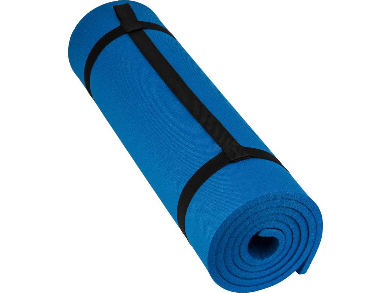 Colchonete de ioga ou fitness azul enrolado com tiras.