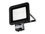 Black LED floodlight with an integrated motion sensor.