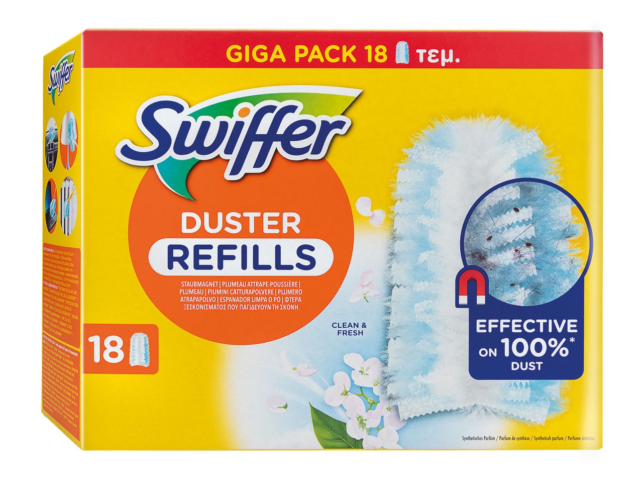 Swiffer Duster Refills Giga Pack 18 τεμαχίων για αποτελεσματικό καθαρισμό σκόνης.