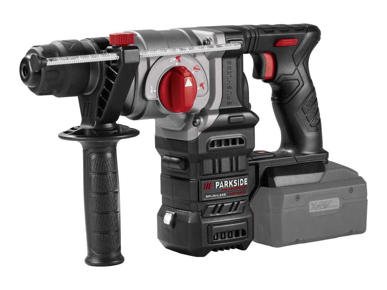 Cordless rotary hammer drill with an auxiliary handle and a battery pack.