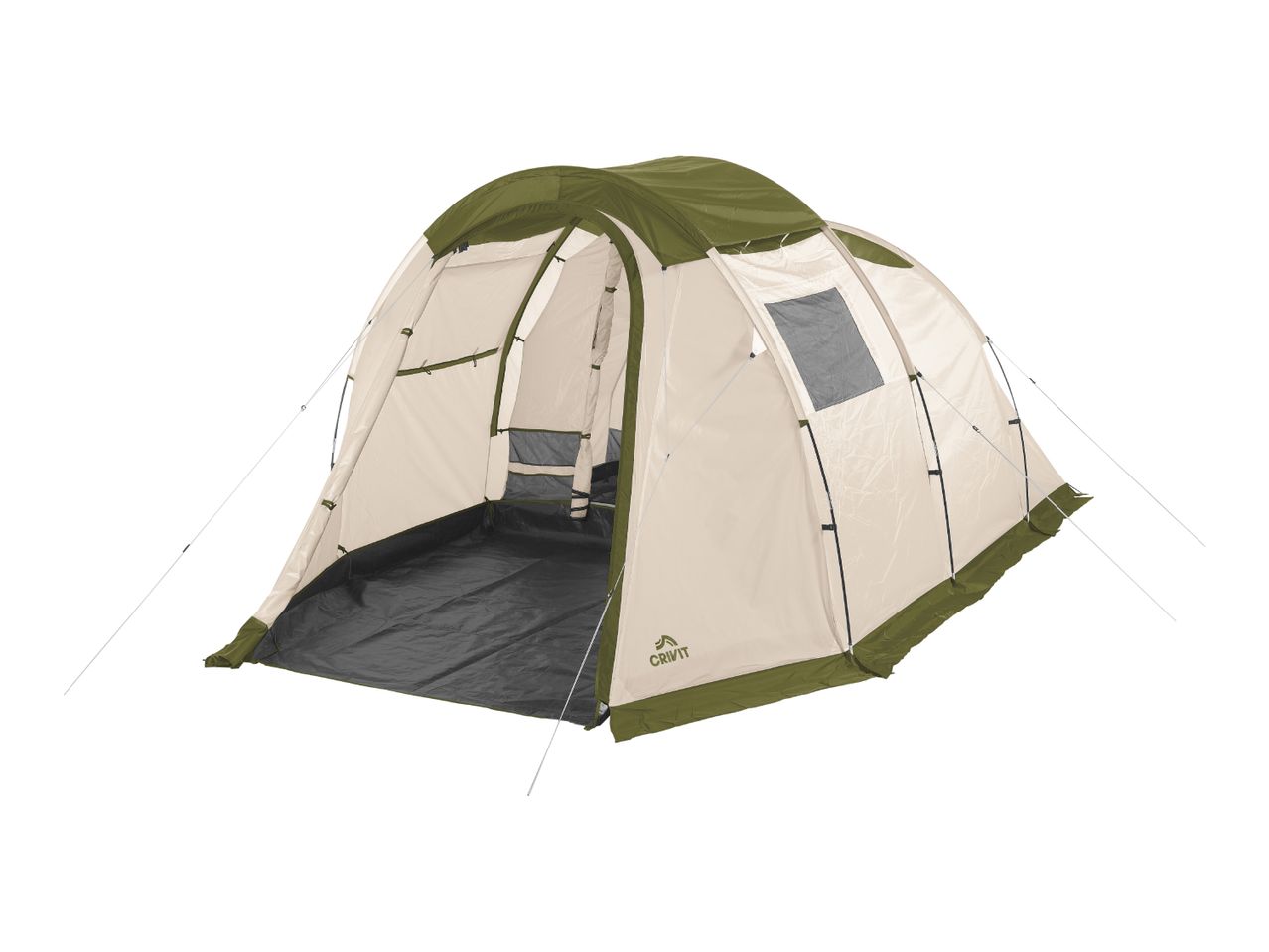 A large, beige and olive green tunnel tent with an open front entrance.