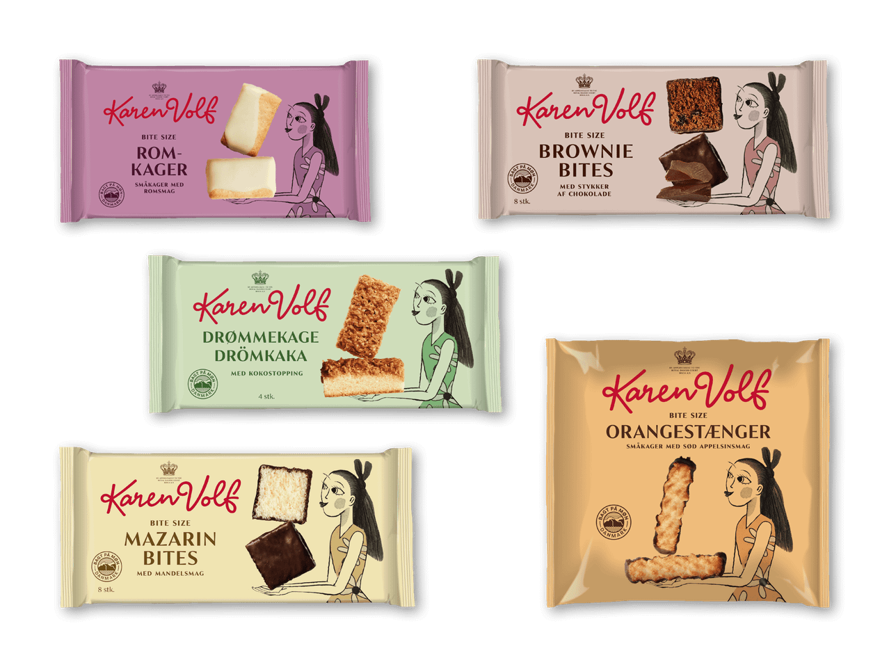 Fem pakker med kager: romkager, brownie bites, drømmekage, mazariner og orangestænger.