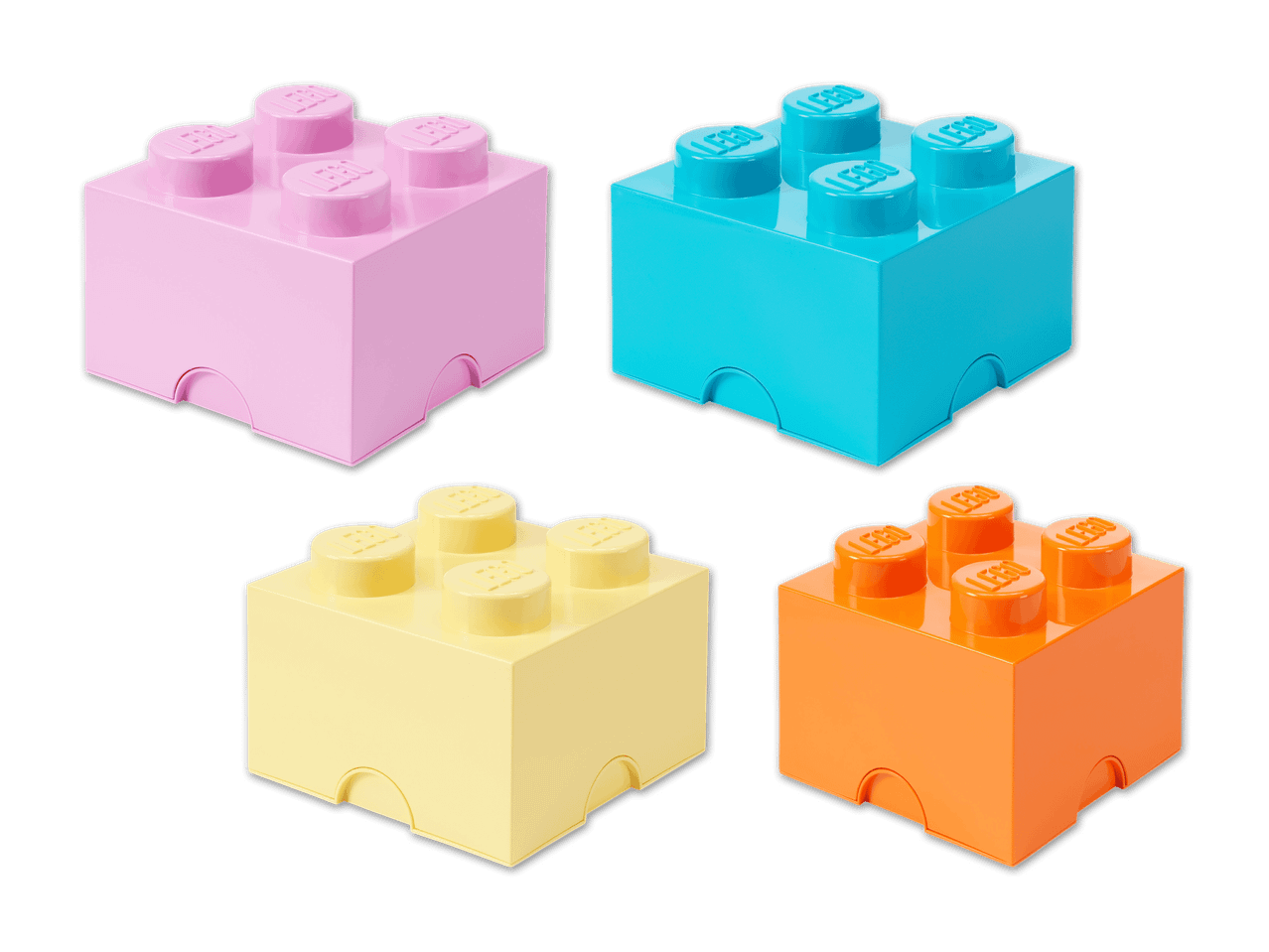 Vier bunte Lego-Steine in Pink, Türkis, Gelb und Orange.