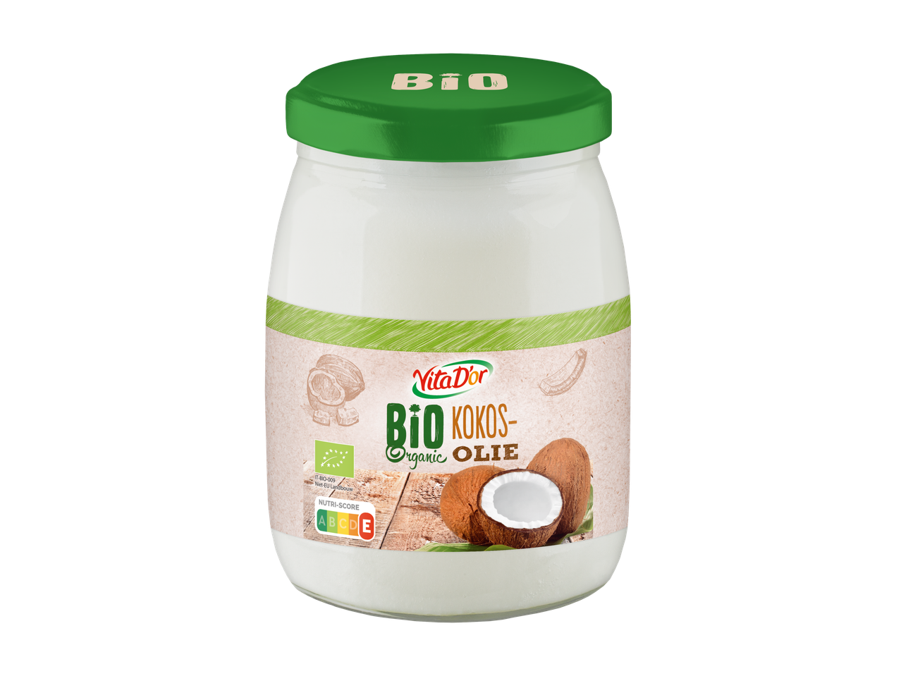 Vita D'or Bio Kokosolie in een pot met groene deksel, met kokosnoten en Nutri-Score.