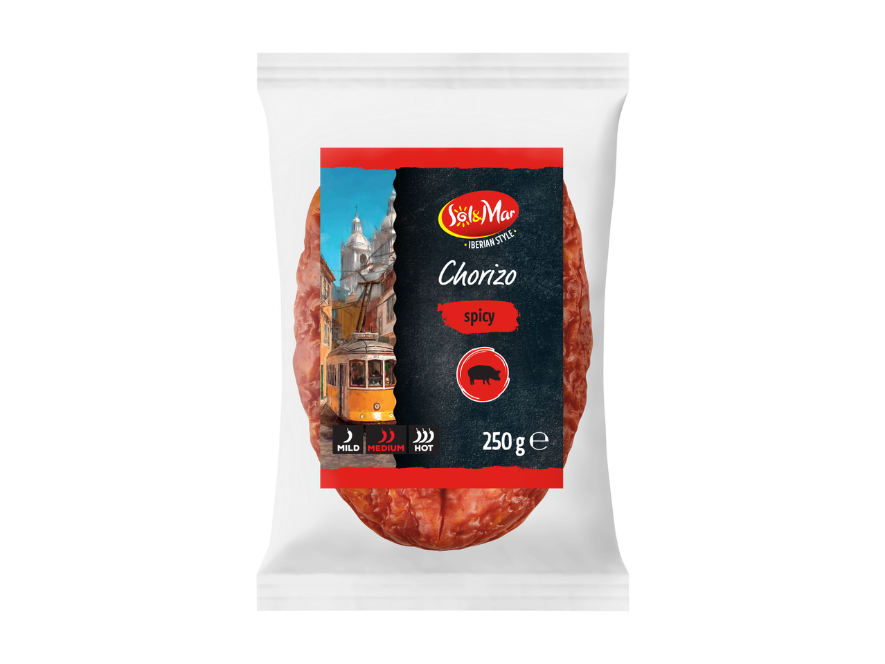 SOL&MAR Iberische Chorizo, pittig, 250g, met tram en kerk van Lissabon.