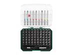 Open green and clear plastic case containing a variety of screwdriver bits and accessories