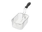 Silver metal deep fryer basket with a black handle on a white background