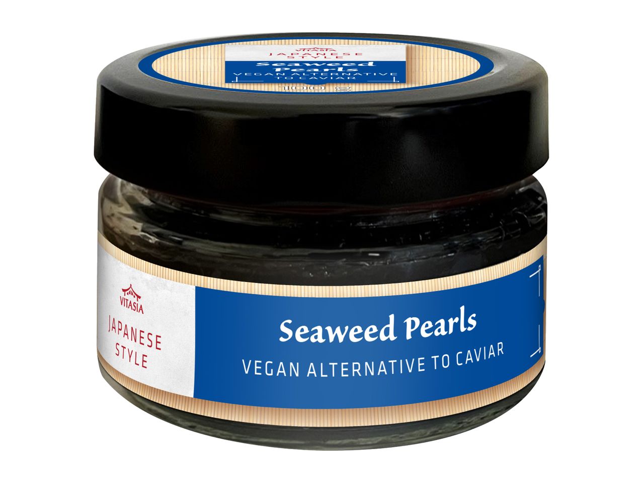 Japanese style seaweed pearls, a vegan alternative to caviar, in a small glass jar.