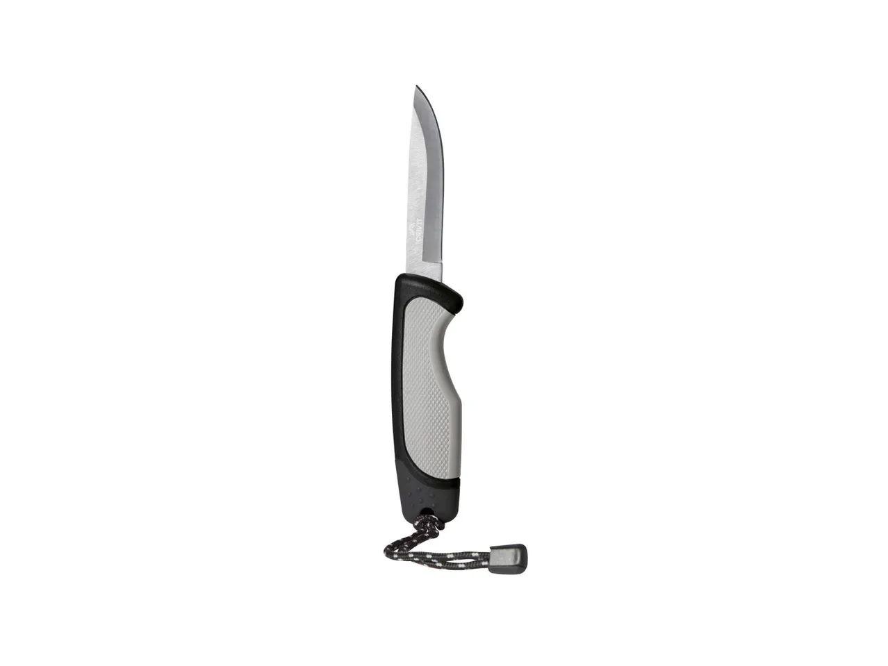 Un coltello con lama in acciaio e manico ergonomico grigio e nero.