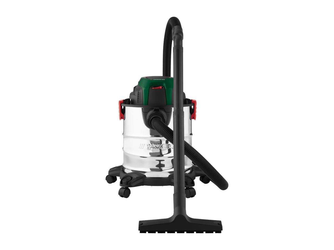 Wet and dry vacuum cleaner with a stainless steel tank and a long hose.