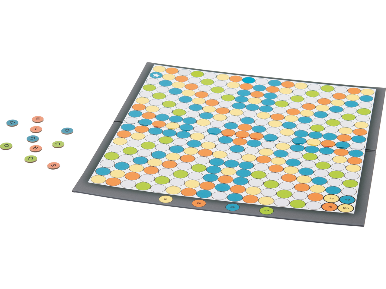 Lupilu stalo žaidimas su raidžių žetonais ir spalvinga žaidimo lenta.