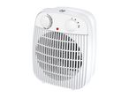 White electric fan heater with two control knobs and a red indicator light