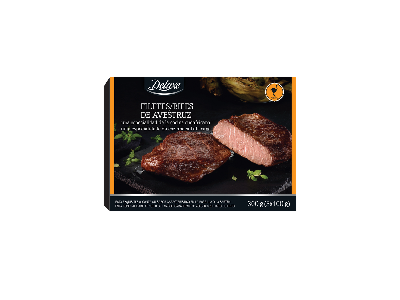 Embalagem de filetes de avestruz Deluxe com informações do produto e peso.