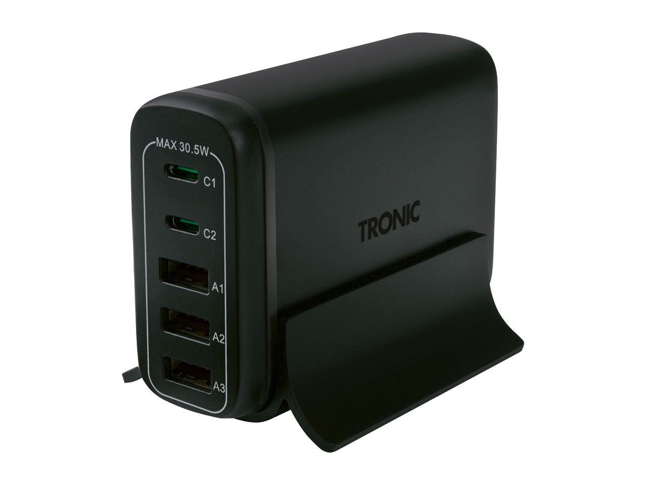 Black multi-port USB charger with two USB-C and three USB-A ports, labeled MAX 30.5W.