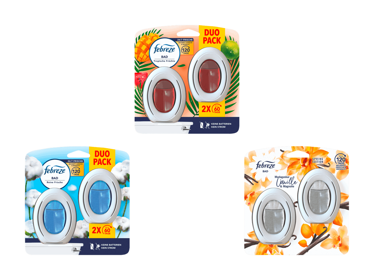 Drei Doppelpacks Febreze Lufterfrischer mit verschiedenen Düften.