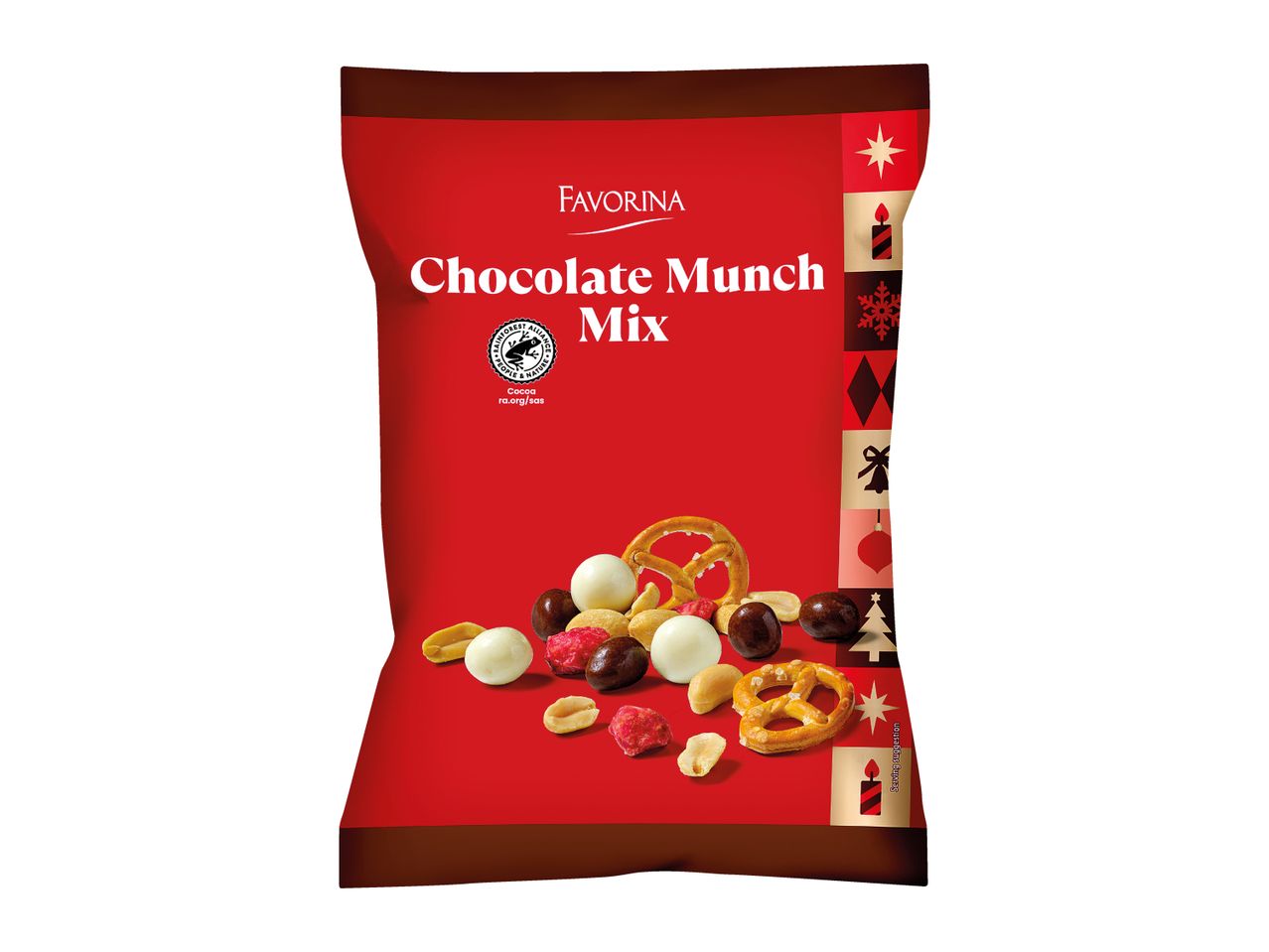 A red bag of Chocolate Munch Mix with pretzels, nuts, and chocolate-covered treats.