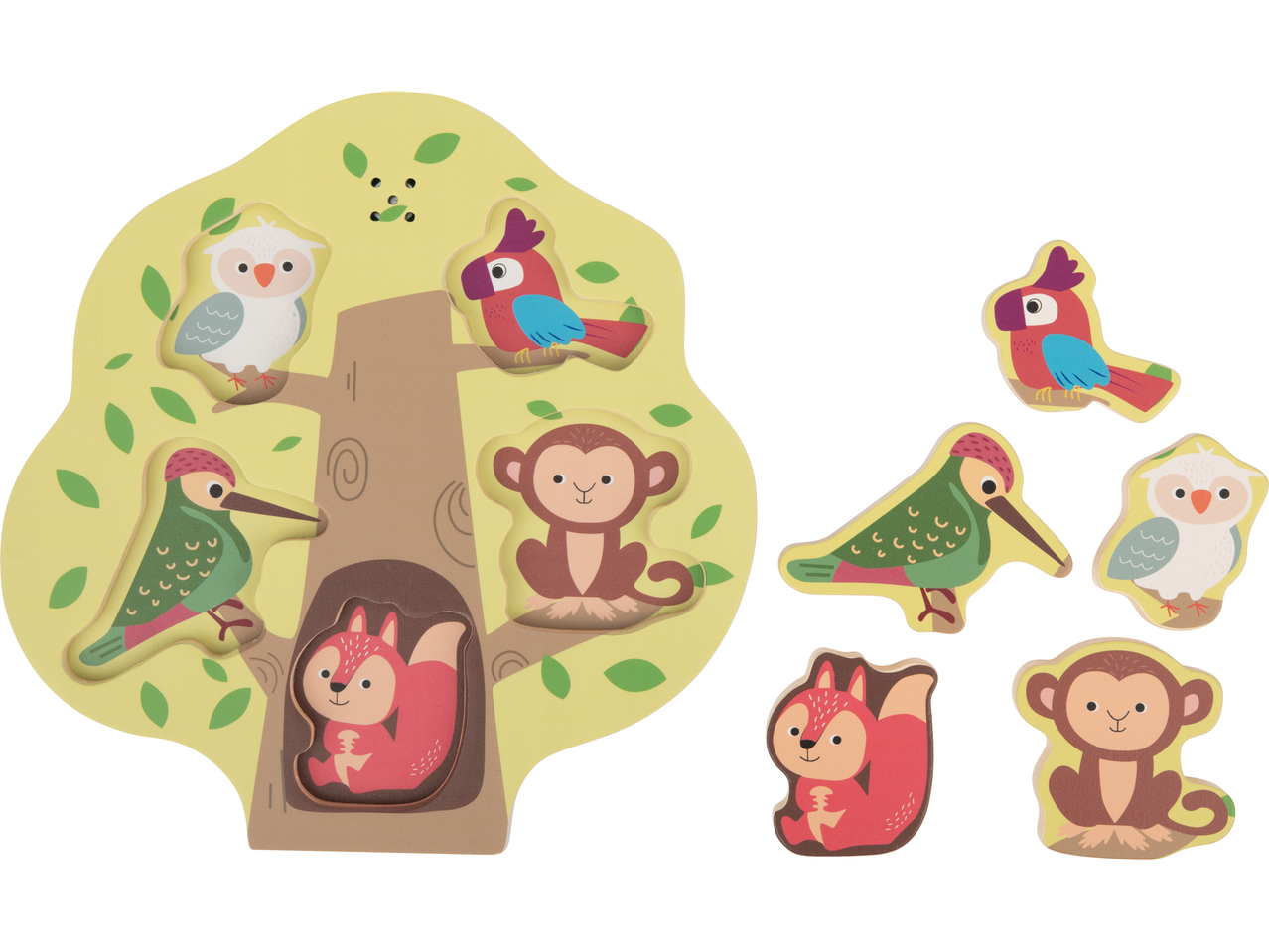 LUPILU® medinis veiklos žaislas: medžio dėlionė su pelėdos, papūgos, genio, beždžionės ir voverės detalėmis