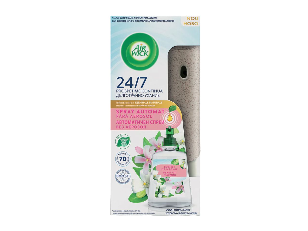 Air Wick Spray Automat 24/7 cu parfum de iasomie, fără aerosoli, cu uleiuri esențiale naturale.