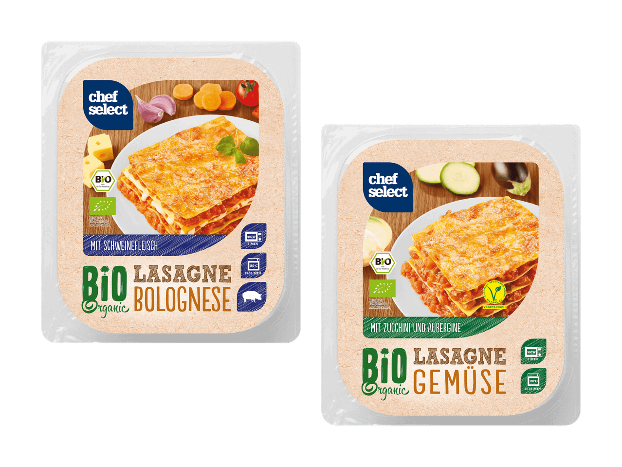 Due confezioni di lasagne Chef Select, una bolognese e una vegetariana.