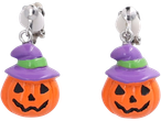 Two Halloween pumpkin earrings with purple witch hats and green bands.