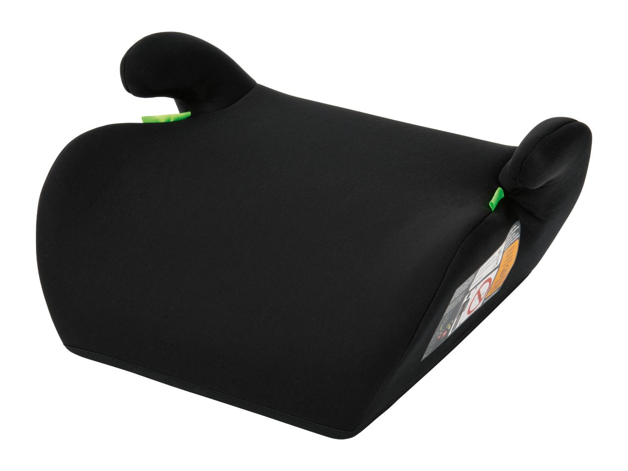 Black booster car seat with green accents, angled view.