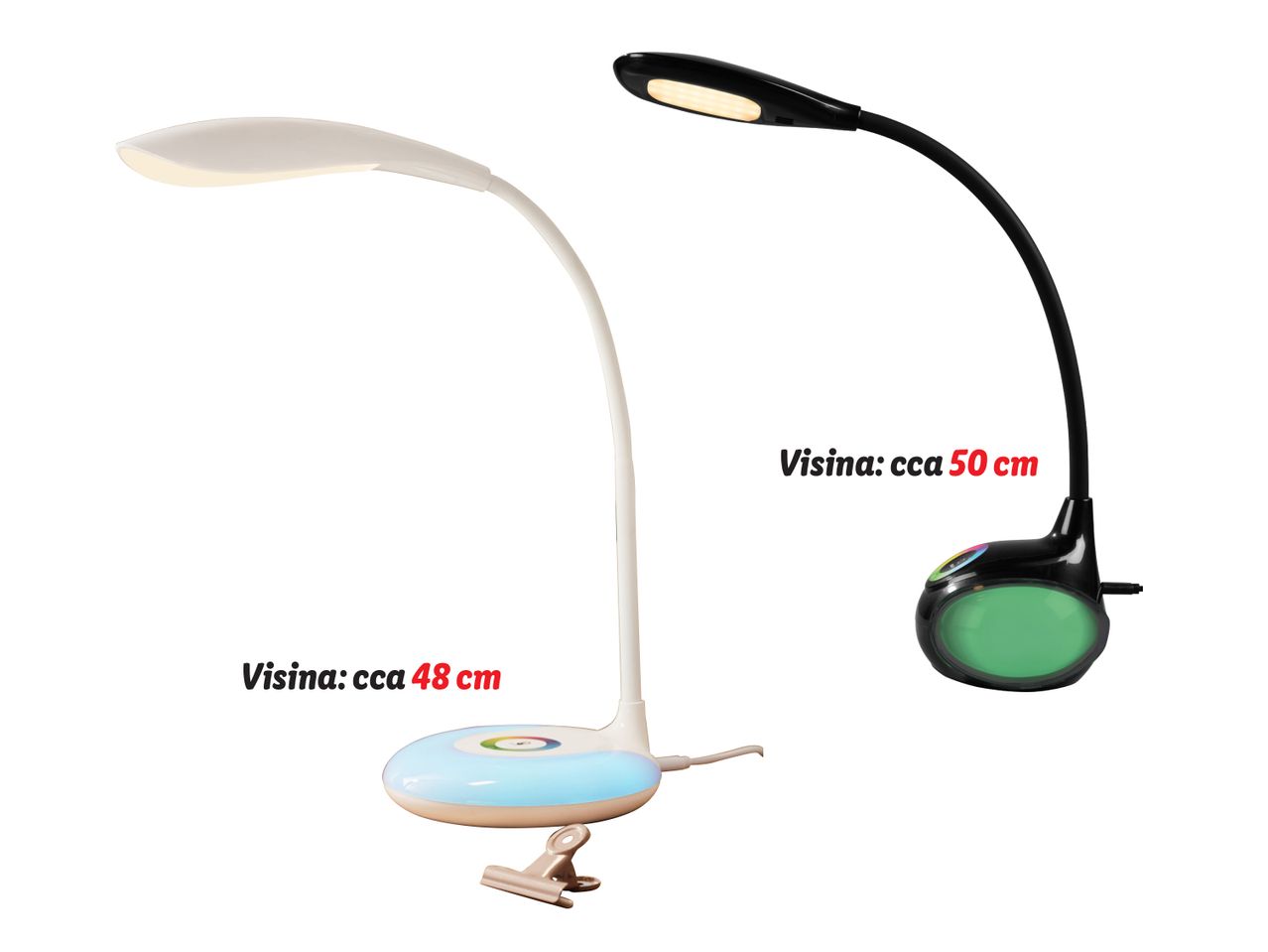 Dvije stolne svjetiljke, jedna bijela visine 48 cm i jedna crna visine 50 cm.