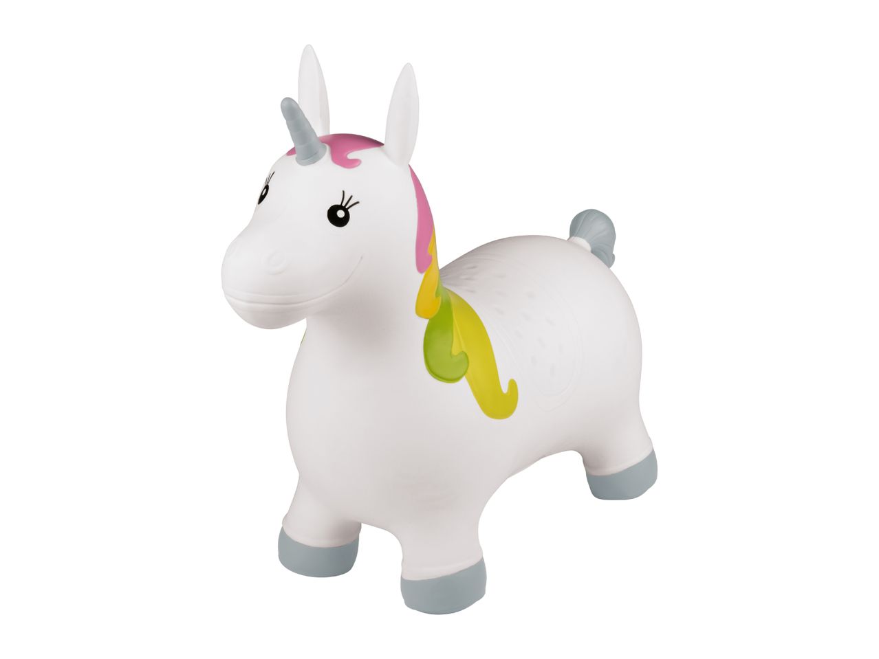 White inflatable unicorn toy with pink, yellow, and green mane and tail