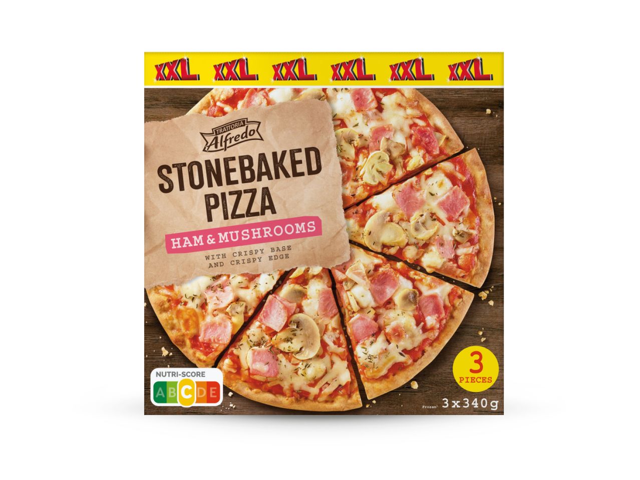 Pakiranje smrznute pizze Alfredo s okusom šunke i gljiva, s oznakom Nutri-Score A.