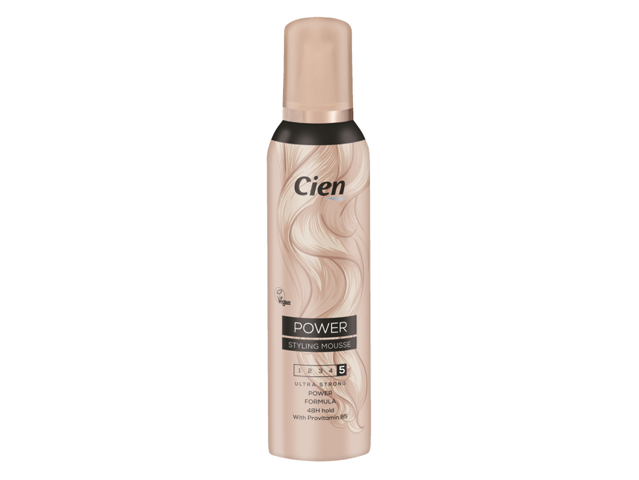 Cien Power Styling Mousse, fixare ultra puternică, formulă vegană cu provitamină B5.