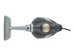Handheld steam cleaner with a grey and beige body, a ribbed hose, and a flat nozzle.