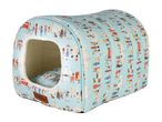 A Cath Kidston London-themed pet bed, light blue with illustrations of London landmarks and people.