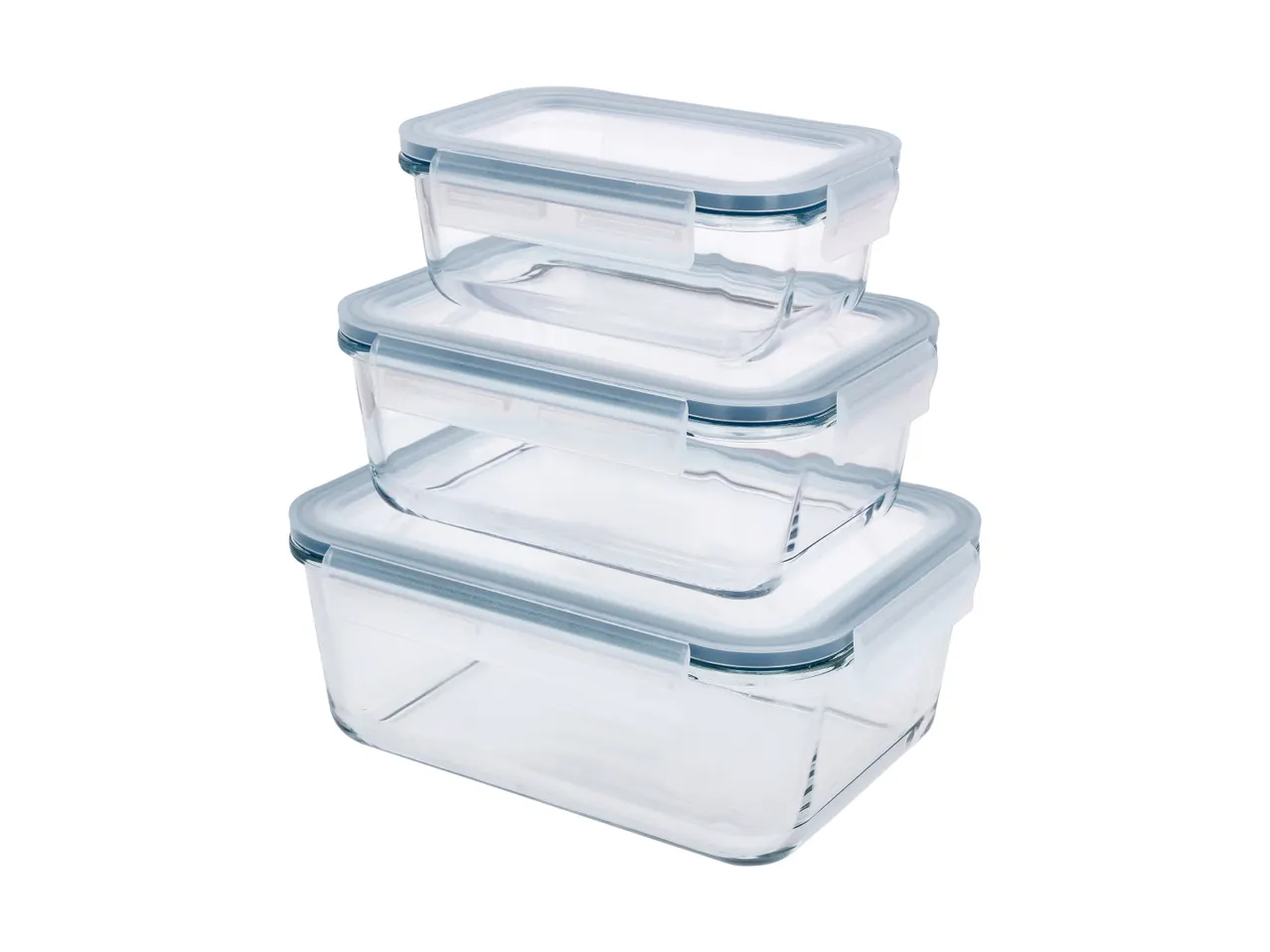 Stack of three rectangular glass food storage containers with light blue lids