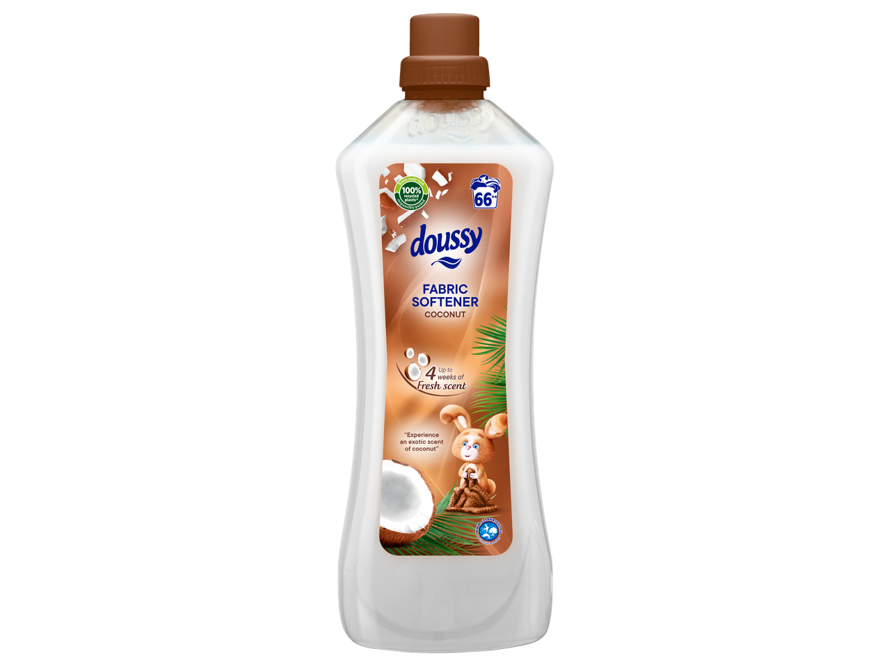 Doussy kokosnoot wasverzachter in een fles van 100% gerecycled plastic.