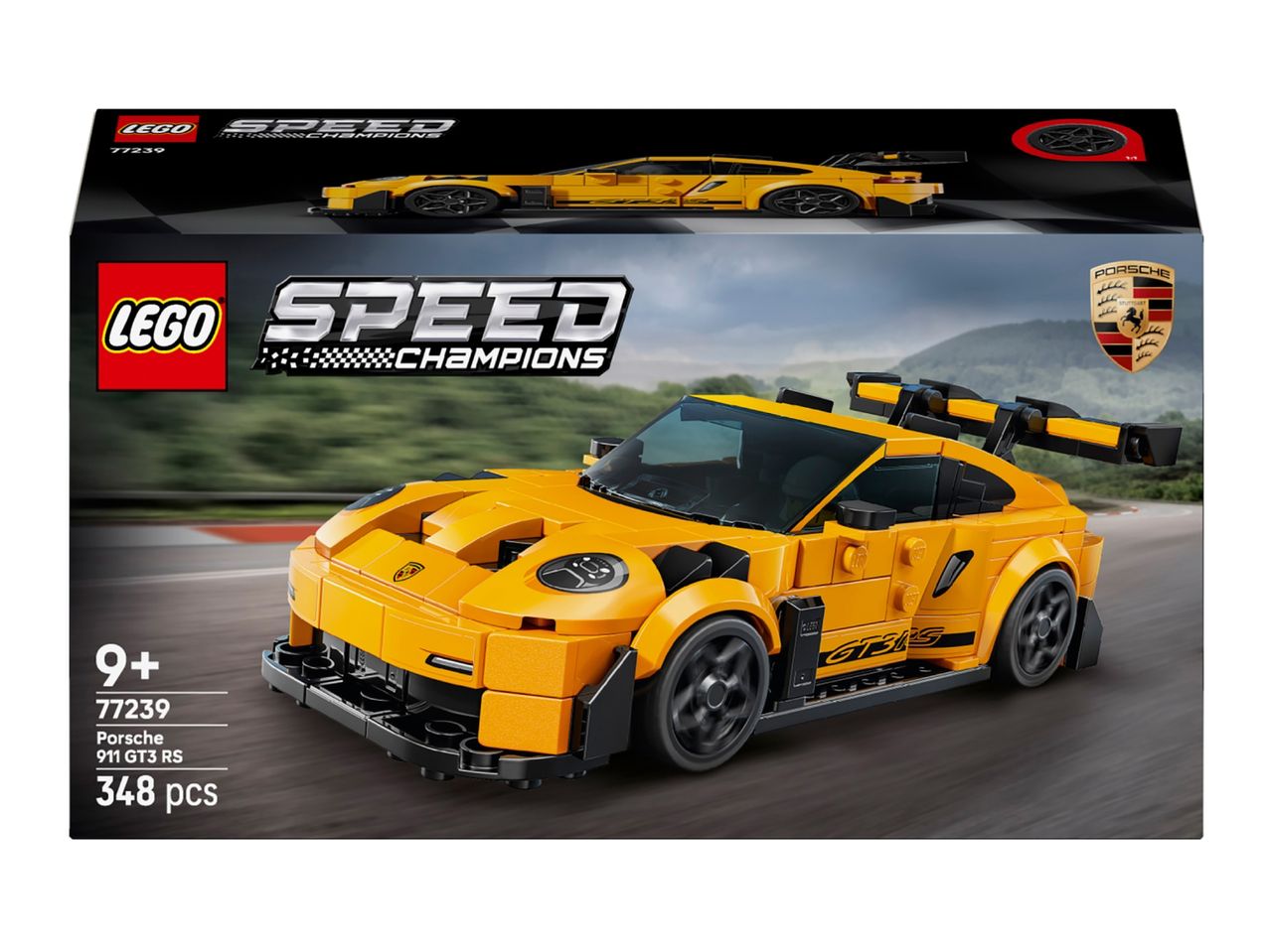 A yellow toy sports car set with 348 pieces, suitable for ages 9 and up.