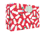 Red gift bag with a pattern of snowmen wearing colorful hats and earmuffs.
