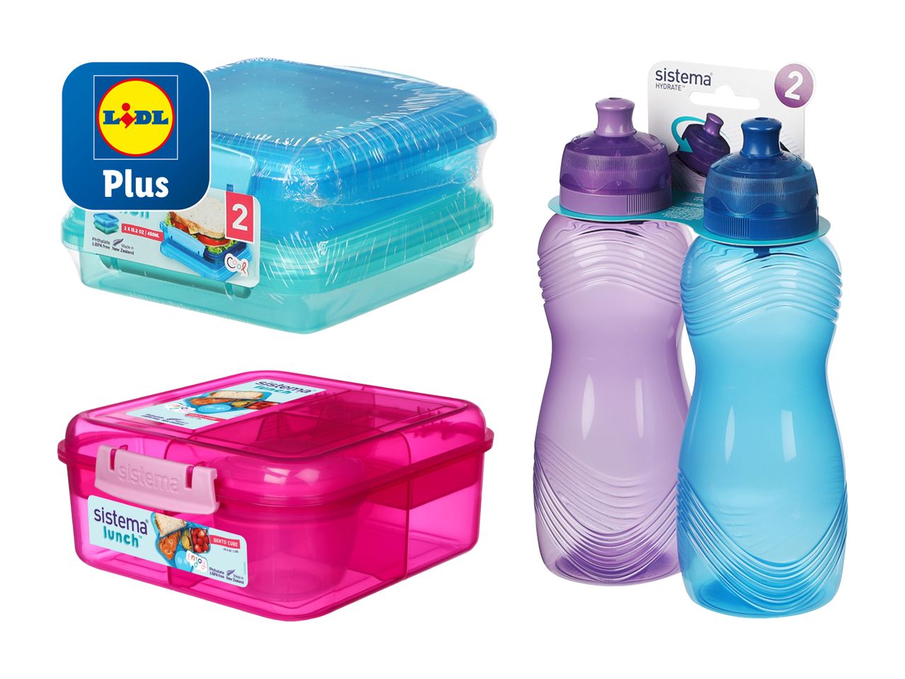 Lidl Plus Kinder-Brotboxen und Trinkflaschen in Blau und Rosa.