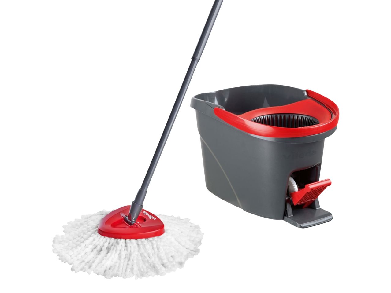 Mop and bucket set with a red foot pedal for spinning, on a white background.