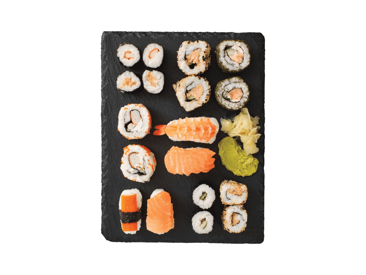 Sushi ja maki valik mustal kivil, sealhulgas lõhe, krevetid ja krabi.