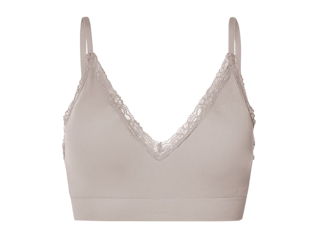 A taupe ribbed bralette with delicate lace trim.