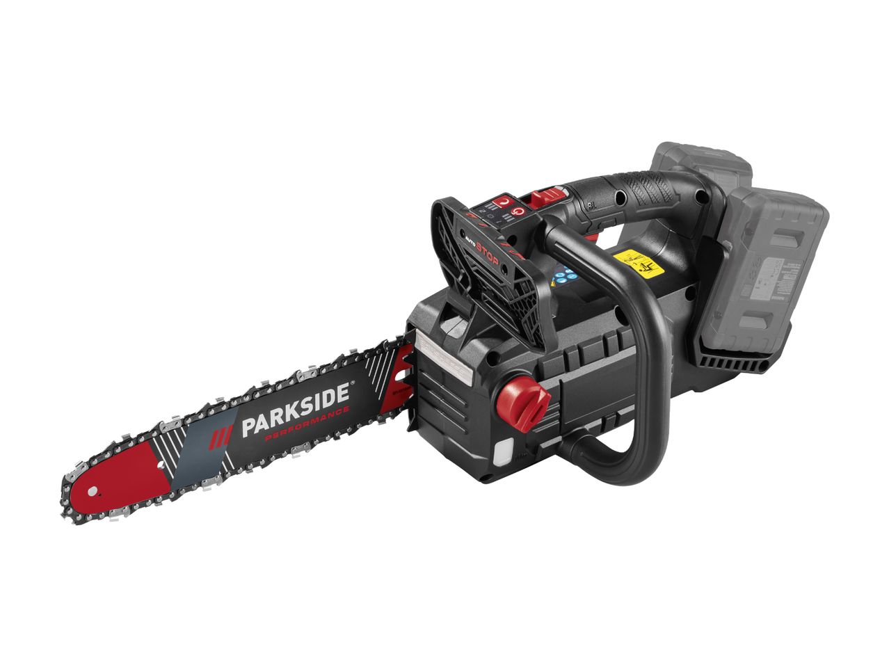 Cordless chainsaw with a black body, red accents, and a grey and red guide bar.