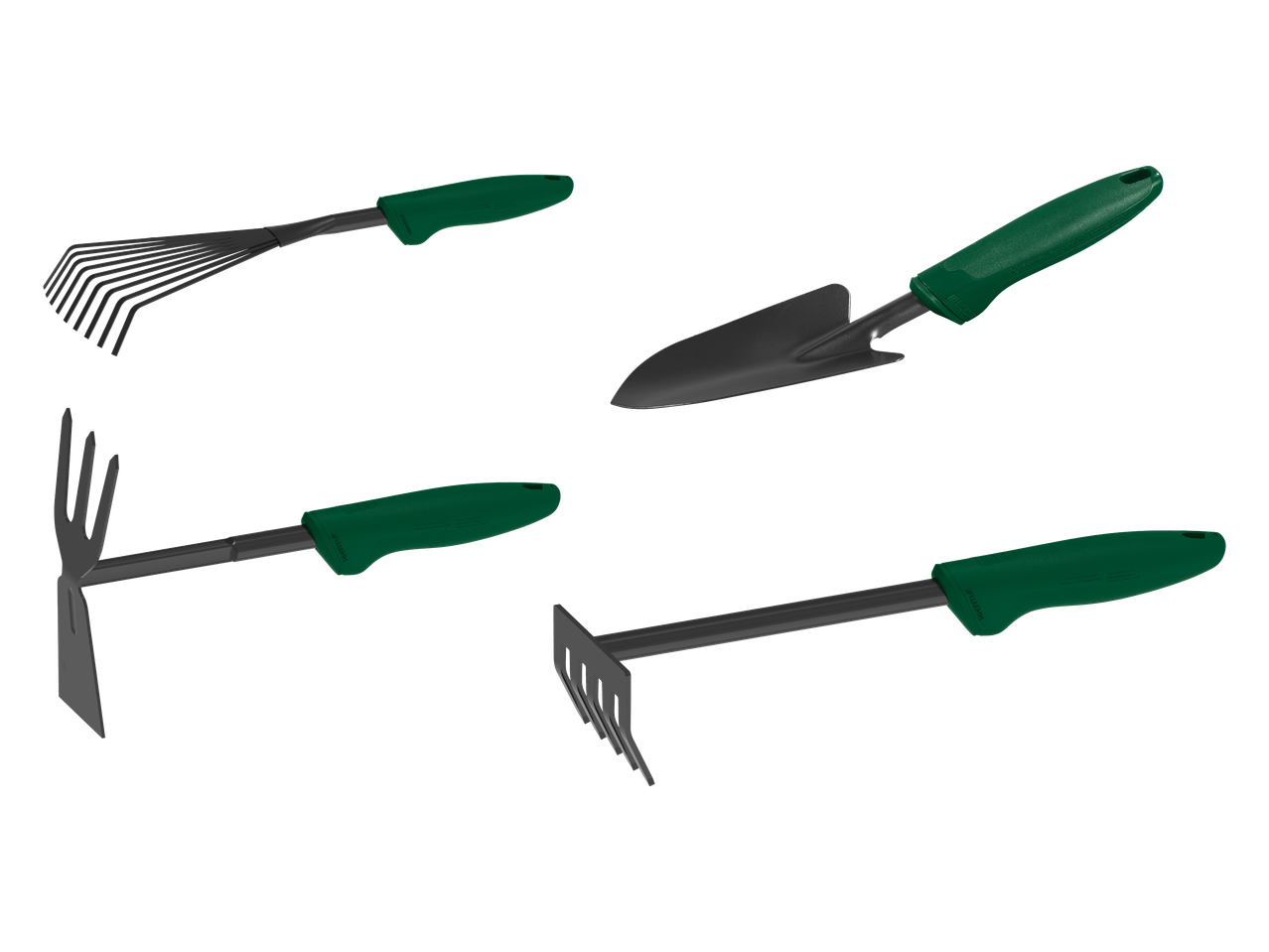 Set vrtnog alata s lopaticom, grabljama i motikom, zelene ručke.