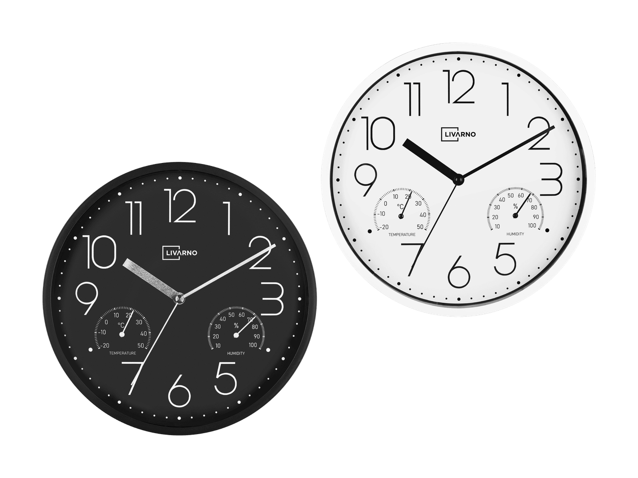 Zwei runde Wanduhren mit Thermometer und Hygrometer, eine schwarz und eine weiß.