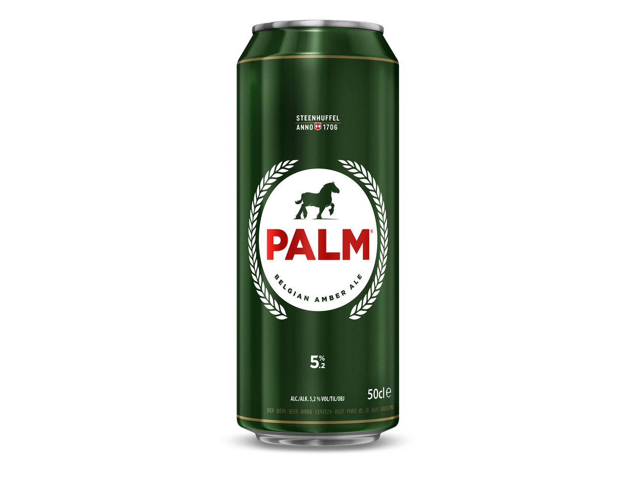 Groen bierblikje met een paardenlogo en de tekst 'Belgian Amber Ale' en '5,2%'.