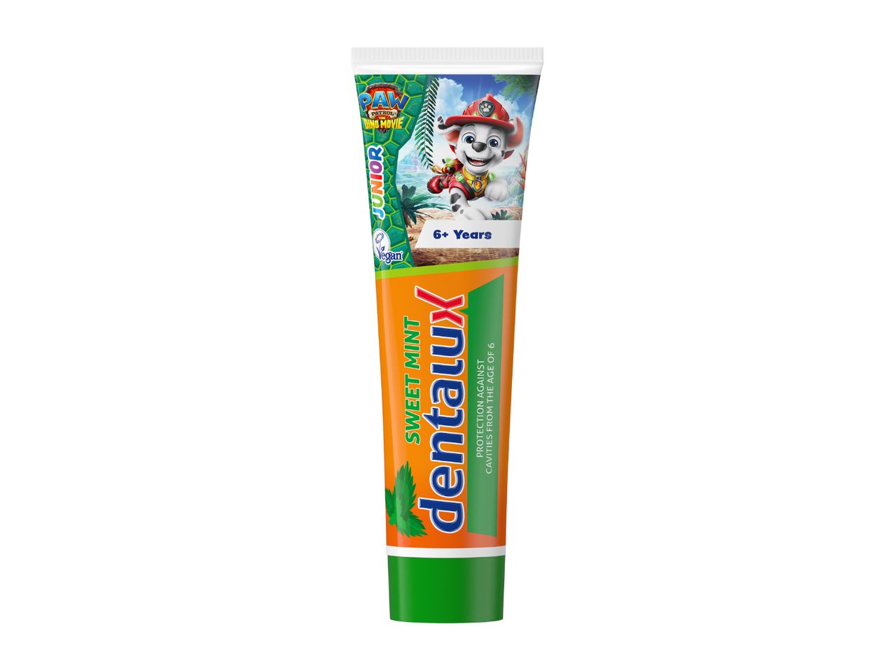 Kids' toothpaste with Paw Patrol Dino Movie theme, sweet mint flavor, for ages 6+, vegan.
