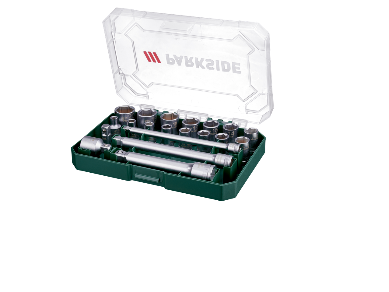 Set de chei tubulare PARKSIDE cu diverse chei și prelungitoare într-o cutie verde.