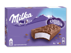 Lilla æske med fire chokolade-isbarer med hvidt fyld, en ko og bjerge.