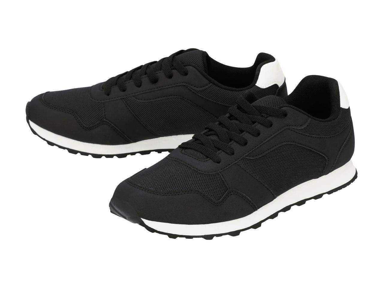 Pair of black and white sneakers with mesh and synthetic leather details