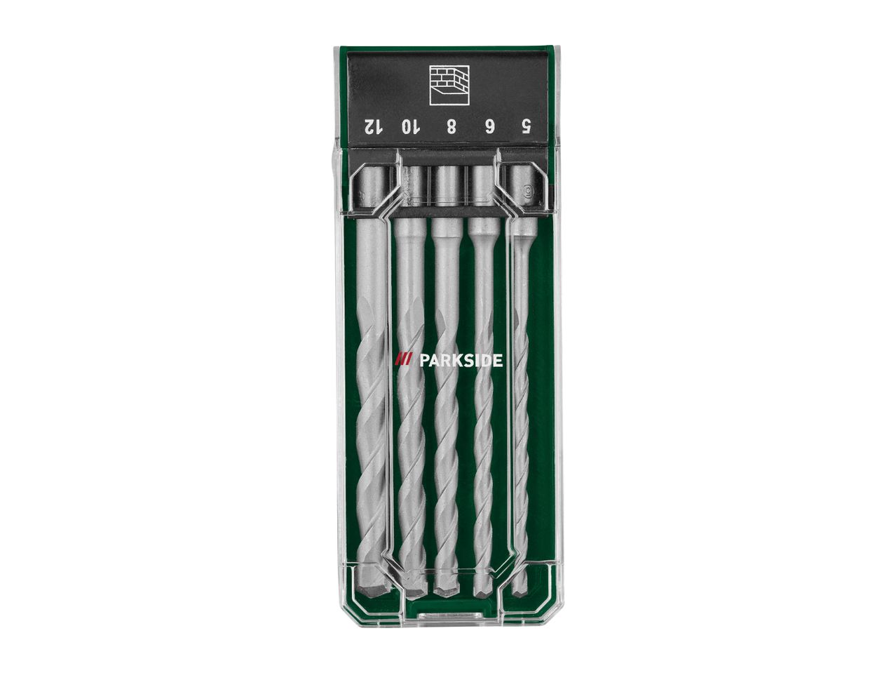 Drill bit set for masonry, with sizes 5, 6, 8, 10, and 12 mm.
