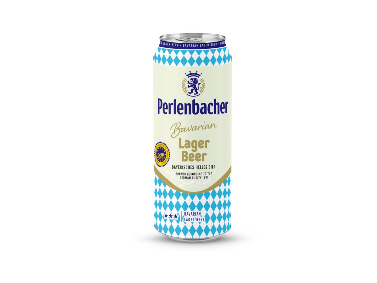 Perlenbacher Bavarian Lager Beer limenka s plavo-bijelim uzorkom rombova.